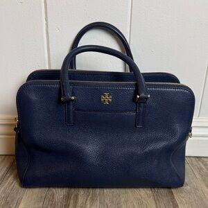 Tory Burch Navy Leather Satchel Double Zip Top Gold Hardware